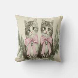 Vintage Kerstkatjes met Roze Strikken Kussen