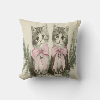 Vintage Kerstkatjes met Roze Strikken Kussen
