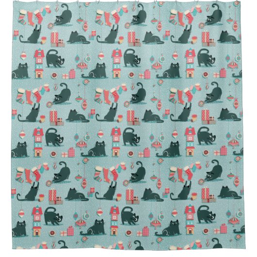 Vintage kerstkatten douchegordijn (Voorkant)