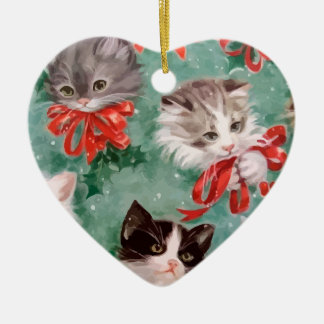 Vintage kerstkatten keramisch ornament