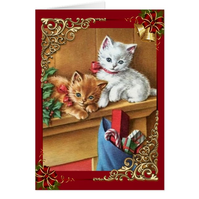 Vintage kerstKatten op mantel (Voorkant)