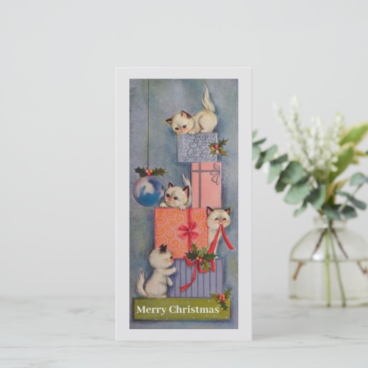 Vintage kerstkatten Open Gifts Holiday Card Feestdagenkaart (Staand voorkant)
