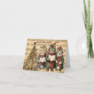 Vintage Kerstkatten Zingen bij de boom Kaart