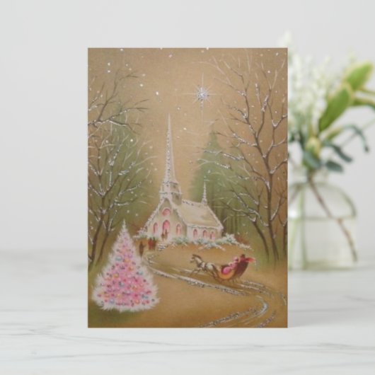 Vintage kerstkerk Glitter Winter Feestdagenkaart (Staand voorkant)