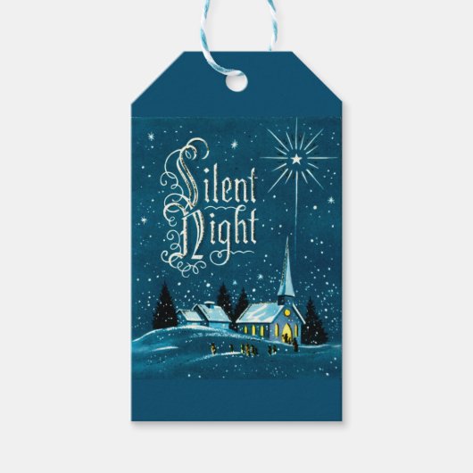 Vintage kerstkerk Snow Silent Night Cadeaulabel (Voorkant)