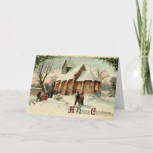 Vintage kerstkerkparochianen in Dawn Mass Feestdagen Kaart