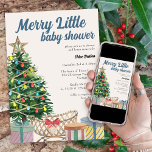 Vintage Kerstkerst Kleine Baby shower Kaart<br><div class="desc">Vintage kerstman baby shower-uitnodiging met de titel "Merry Little Baby shower". Het ontwerp van deze waterverf is voorzien van een verlichte kerstboom, wieg en geschenken met retro typografie in een blauw en crèmekleurenpalet. Fantastisch, eigenaardig en perfect voor de feestdagen. Blader door mijn Vintage-kerstcollectie voor overeenkomende objecten of stuur me een...</div>