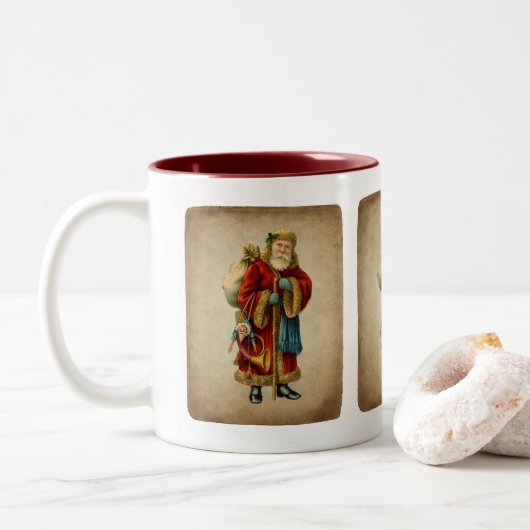 Vintage-kerstkerstbejaarde wereldkerstbedekking tweekleurige koffiemok (Met donut)