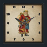 Vintage-kerstkerstbejaarde wereldkerstbedekking vierkante klok<br><div class="desc">Een klok met een  kerstkerstkerstkerstkerstkerstbeker. Klassieke oude wereld santa,  met zijn beroemde rode jas en een tas vol speelgoed. Deze ouderwetse kerstman is slank en heeft een wandelstok voor het reizen door het land en het geven van speelgoed aan alle meisjes en jongens. 
Achtergrond van de oude perkamentstijl.</div>