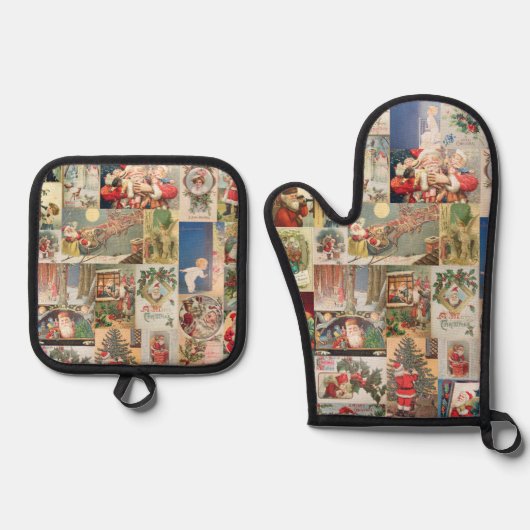 Vintage kerstkerstfeestdag Briefkaart ontkoppeling Ovenwant & Pannenlap Set (Voorkant)