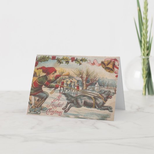 Vintage kerstkerstijsschaatsen met de hond feestdagen kaart (Voorkant)