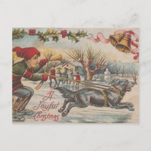 Vintage kerstkerstijsschaatsen met de hond feestdagenkaart