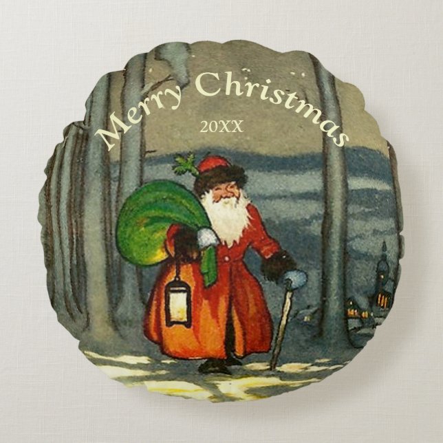 Vintage kerstkerstkerstkerstkerstkerstkerstkerstke rond kussen (Voorkant)