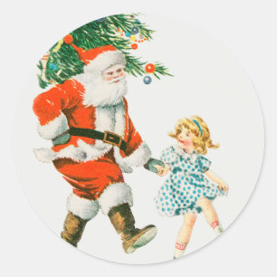 Vintage kerstkerstkerstkerstkerstman en klein meis ronde sticker
