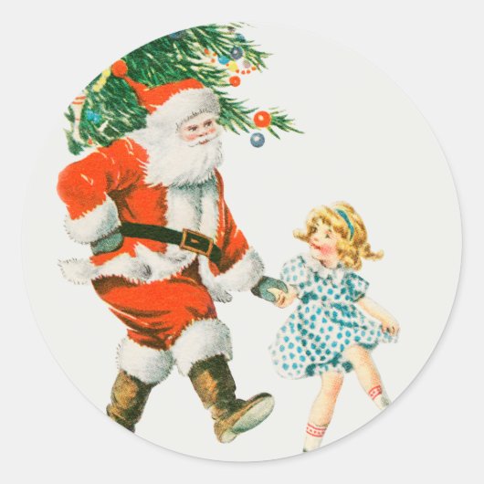 Vintage kerstkerstkerstkerstkerstman en klein meis ronde sticker (Voorkant)