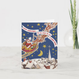 Vintage kerstkerstkerstkerstkerstman met vliegende feestdagen kaart