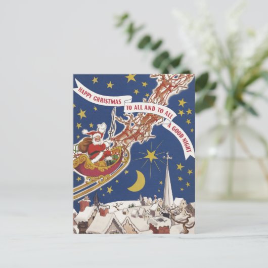 Vintage kerstkerstkerstkerstkerstman met vliegende feestdagenkaart (Staand voorkant)