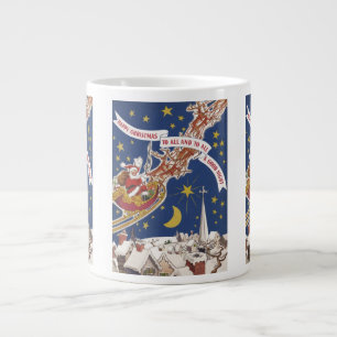 Vintage kerstkerstkerstkerstkerstman met vliegende grote koffiekop