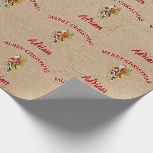 Vintage kerstkerstkerstkerstman - Aangepaste naam Cadeaupapier (Hoek)