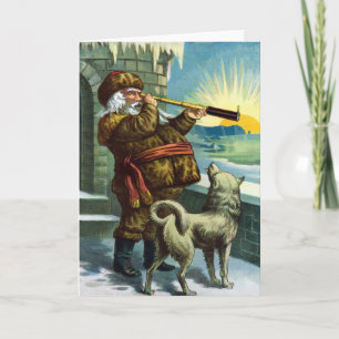 Vintage kerstkerstkerstkerstman Telescope Dog Suns Feestdagen Kaart