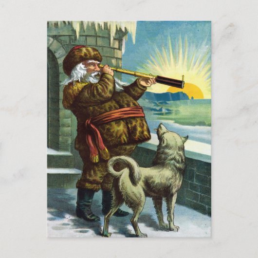 Vintage kerstkerstkerstkerstman Telescope Dog Suns Feestdagenkaart (Voorkant)