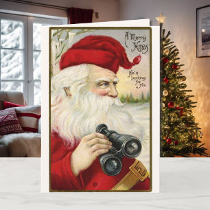 Vintage kerstkerstkerstman — Binoculars Handtekeni Feestdagen Kaart