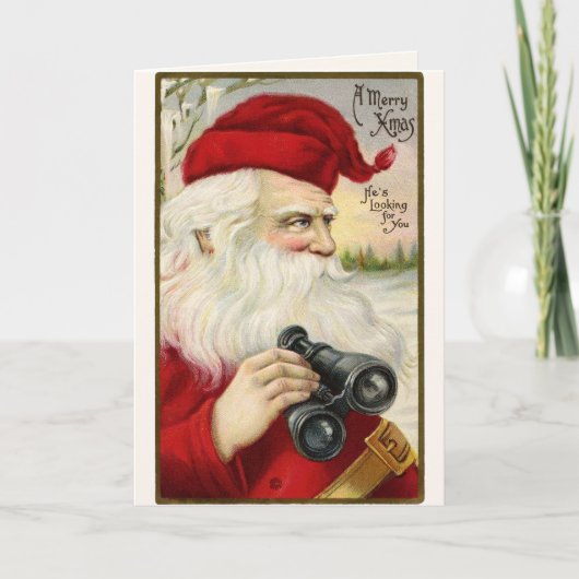 Vintage kerstkerstkerstman — Binoculars Handtekeni Feestdagen Kaart (Voorkant)