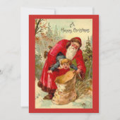 Vintage kerstkerstkerstman, kind in tas feestdagenkaart (Voorkant)