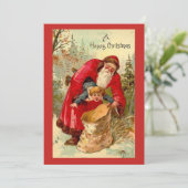 Vintage kerstkerstkerstman, kind in tas feestdagenkaart (Staand voorkant)