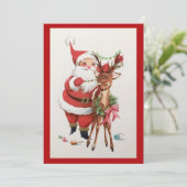 Vintage kerstkerstkerstman met rendier feestdagenkaart (Staand voorkant)