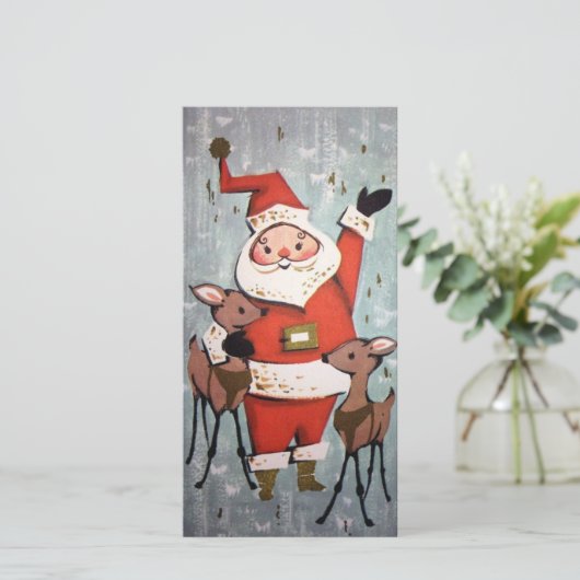 Vintage kerstkerstkerstman met rendier feestdagenkaart (Staand voorkant)
