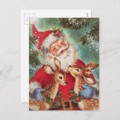 Vintage kerstkerstkerstman met rendier feestdagenkaart (Voorkant / Achterkant)
