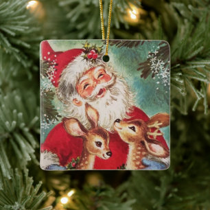 Vintage kerstkerstkerstman met rendier keramisch ornament