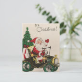 Vintage kerstkerstkerstman rijdende auto feestdagenkaart (Staand voorkant)