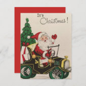 Vintage kerstkerstkerstman rijdende auto feestdagenkaart (Voorkant / Achterkant)