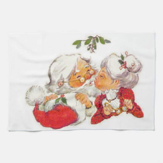 Vintage kerstkerstman die Mrs Claus zoent Theedoek (Horizontaal)