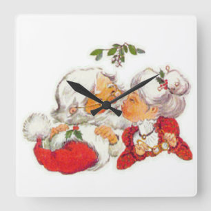 Vintage kerstkerstman die Mrs Claus zoent Vierkante Klok