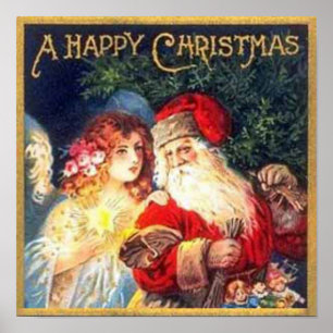 Vintage kerstkerstman en Angel Print