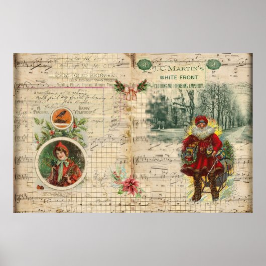 Vintage kerstkerstman en muzieknoten poster (Voorkant)