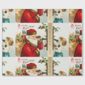 Vintage kerstkerstman met meisje cadeaupapier (Vlak)