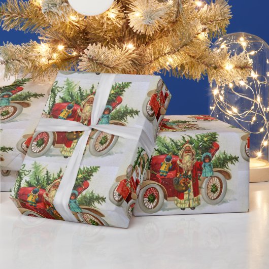 Vintage kerstkerstman met speelgoed en rode auto cadeaupapier (Feestdagen)