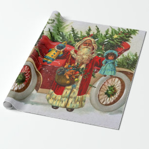 Vintage kerstkerstman met speelgoed en rode auto cadeaupapier