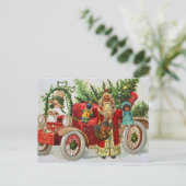Vintage kerstkerstman met speelgoed en rode auto feestdagenkaart (Staand voorkant)