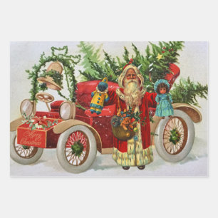 Vintage kerstkerstman met speelgoed en rode auto inpakpapier vel