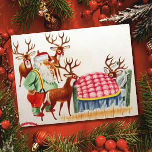 Vintage kerstkerstman met zieke rendierster feestdagenkaart