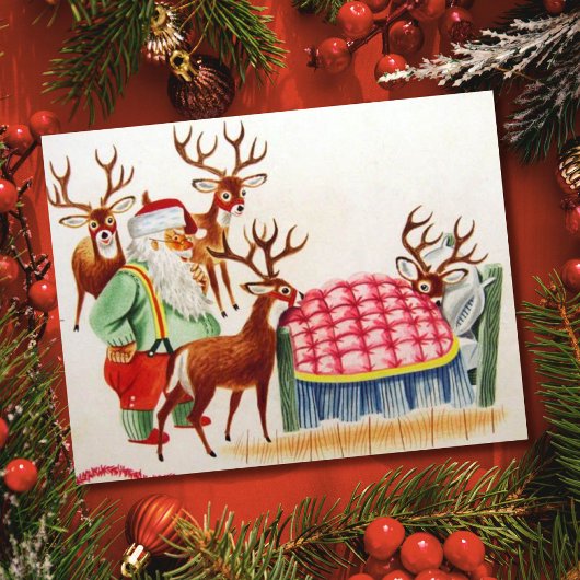 Vintage kerstkerstman met zieke rendierster feestdagenkaart
