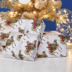 Vintage kerstkerstman op paard cadeaupapier