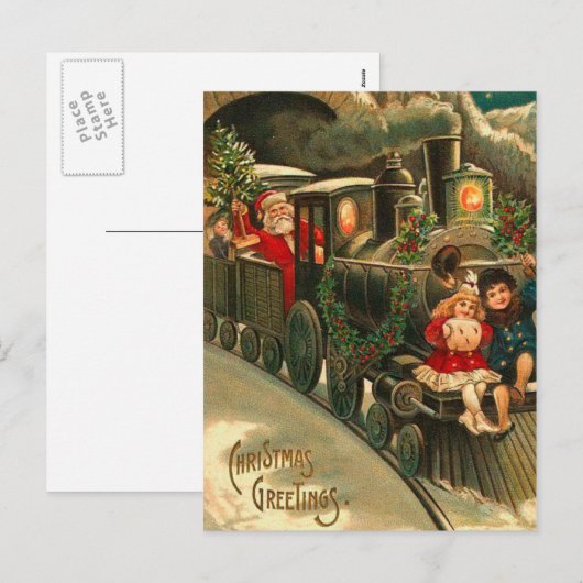 Vintage kerstkerstman op trein feestdagenkaart (Voorkant / Achterkant)