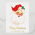 Vintage kerstkerstmis folie feestdagen briefkaart<br><div class="desc">Geen foto nodig voor dit schattige kerstfeest briefkaart met een kerstman met "vrolijk kerstfeest" op je familienaam en het jaar in echte gouden folie. Dit niet-fotokerstfeest briefkaart zal zeker een feestelijke eer naar je geliefden sturen.</div>