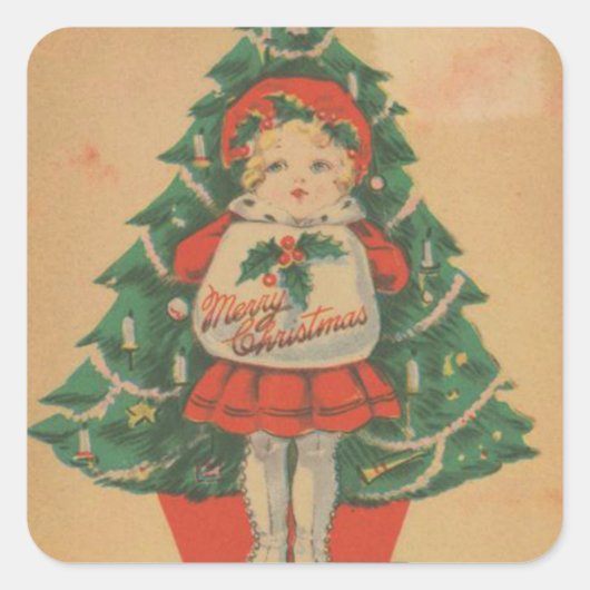 Vintage kerstkind, botontje van de boom vierkante sticker (Voorkant)